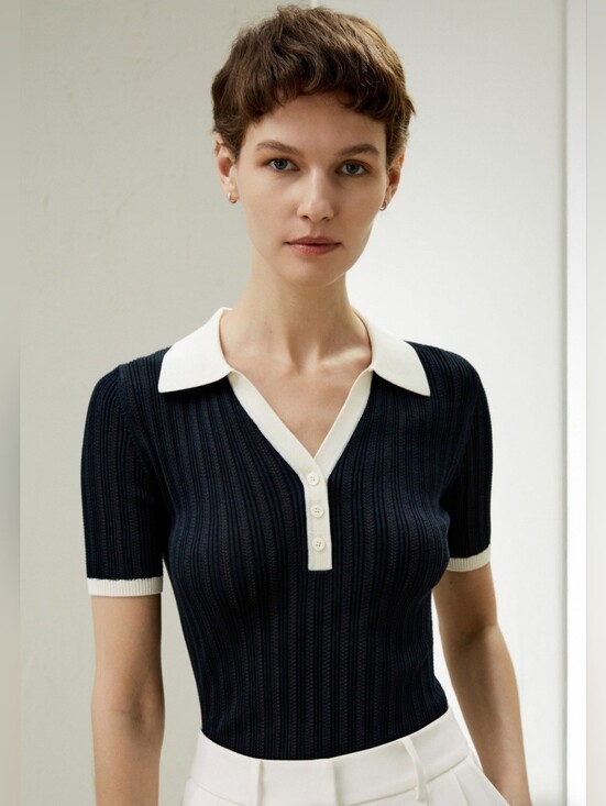 Lilysilk Tops - $269 NWOT! Lilysilk V Neck Ribbed Silk Knit Top Navy Polo White Trim Size Small
